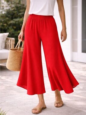 Focus Red Coral Ribbed Culotte Pants XL Pull-On Wide Leg
